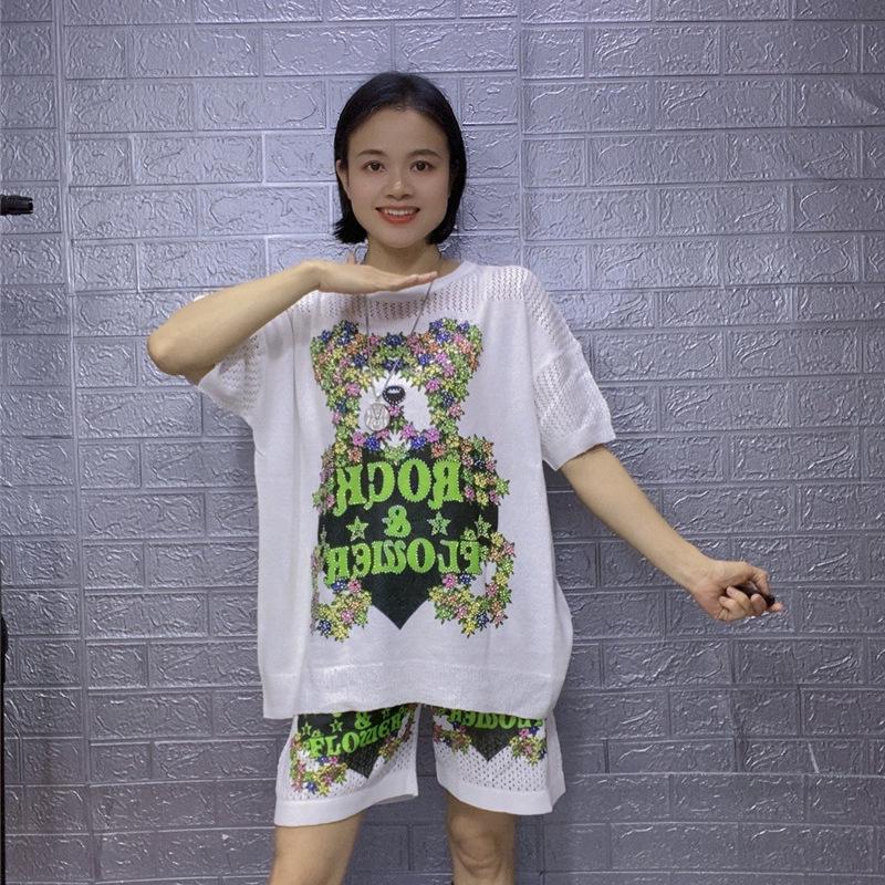 Plus Size Rhinestone Knit Shorts Set: Women's Loose Half Sleeve T-Shirt & Shorts