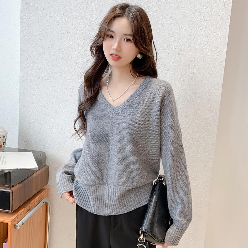 Mockana Women's Relaxed V-Neck Knit Wool Sweater