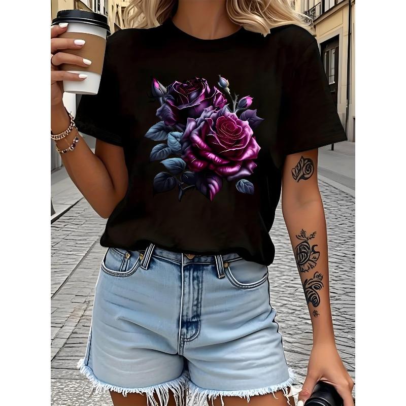 

European Size Floral Creative Design Pattern Printed Women s Fashion T-shirt, Soft and Comfortable Pure Short Sleeve, Simple, Fashionable 4XL чорний