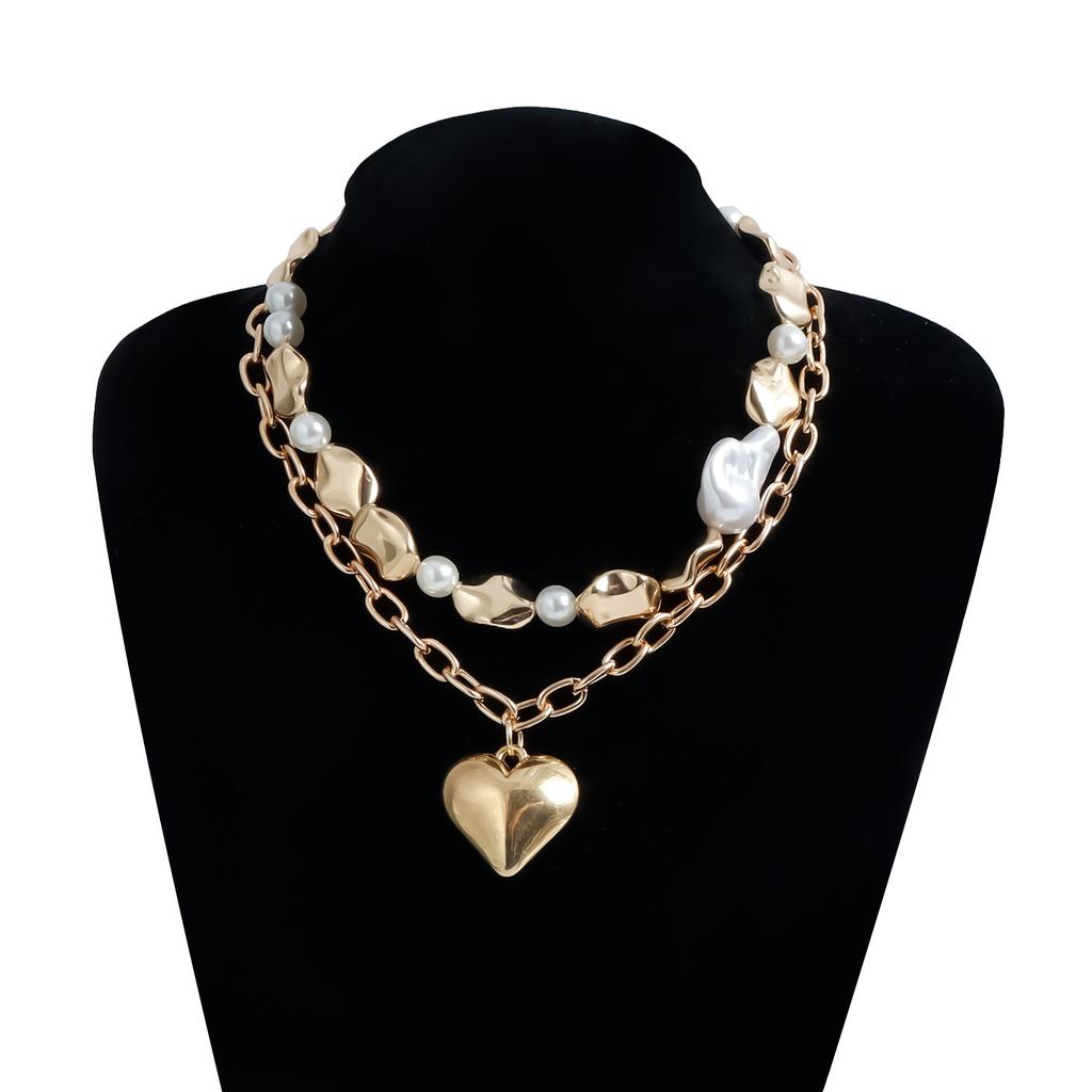 Women Imitation Pearl Heart Collarbone Chain Necklace Gold Plated Colar Choker