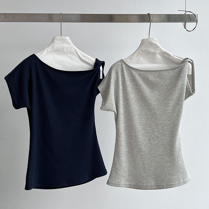 LUXI Asymmetrical One-Shoulder Waffle Knit Top - Summer Slim Fit for Women