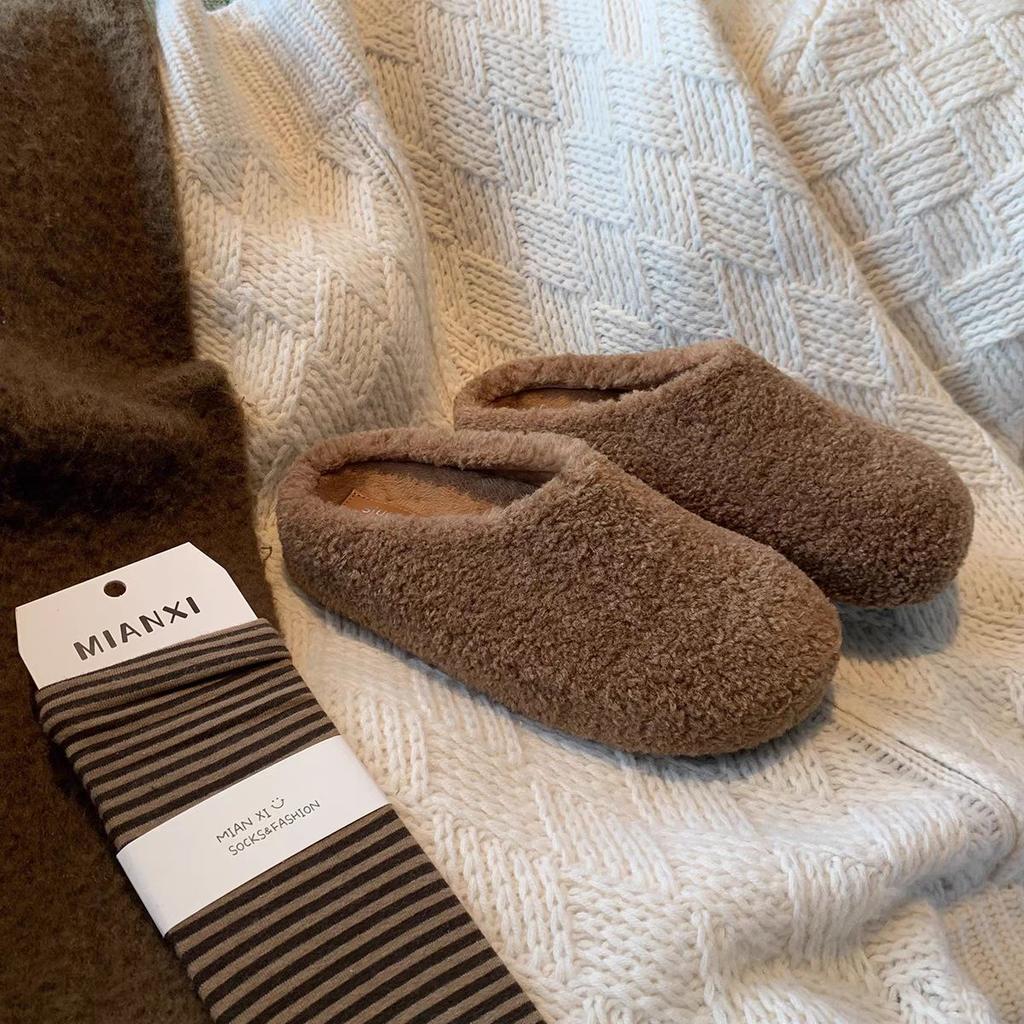 Giant Soft Waxy!! Baotou with One Foot On Thermal Cotton Shoes with Plush and Fluffy Half Slippers Women's Wear 2025 Autumn and Winter Models