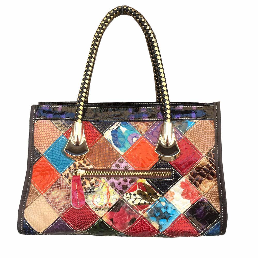 Leather Women'S Bag Wind Color Leather Plaid Bag Splicing Portable Oblique Span Bag Women'S Bag