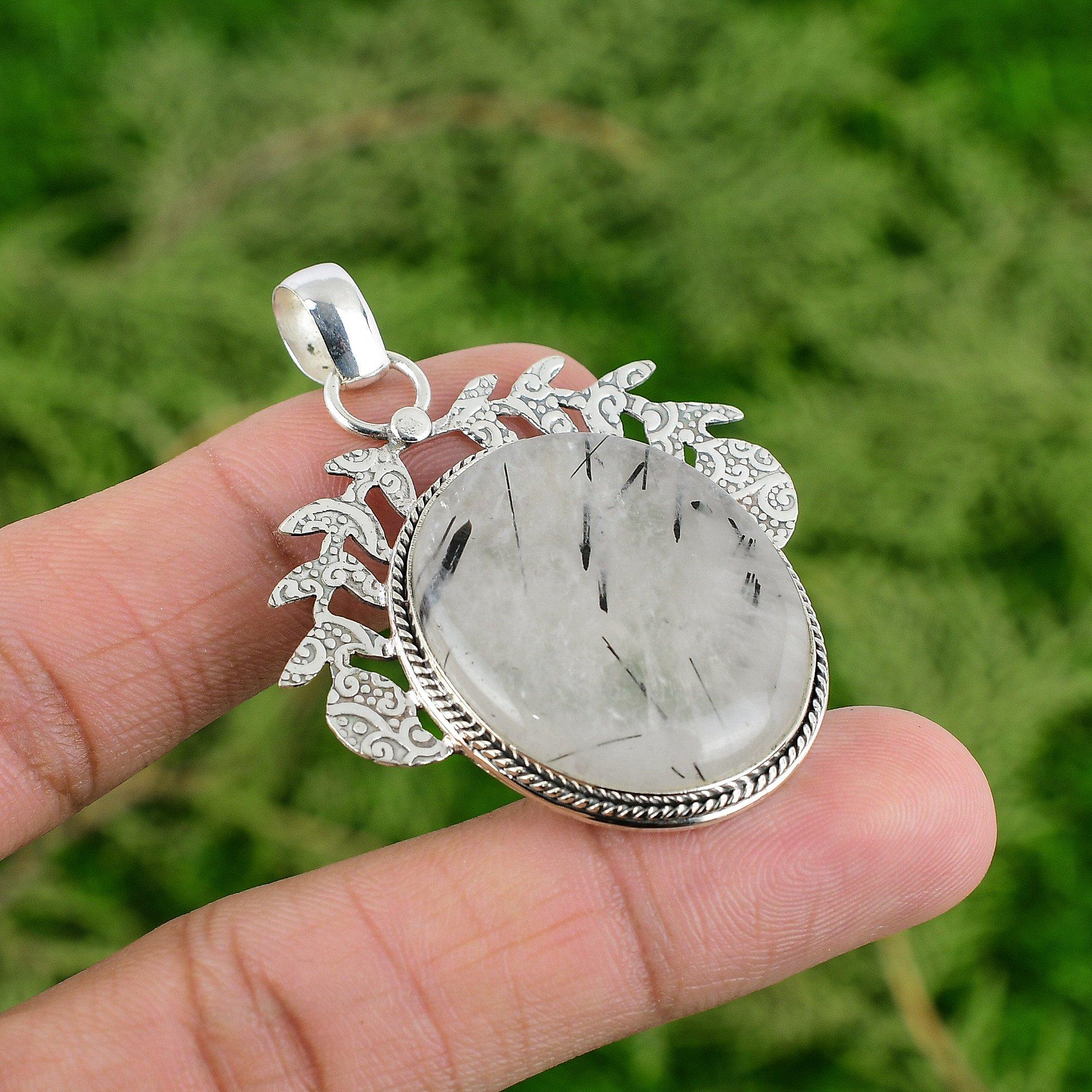 

Daughters Day Deal 925 Silver Natural Black Rutilated Quartz Handcrafted Pendant