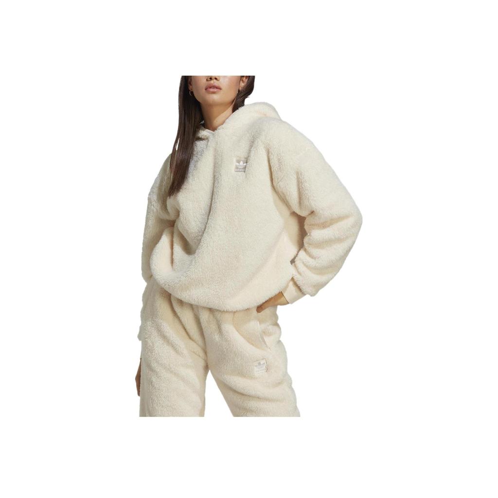 adidas Originals Solid Logo Embroidered Loose Fit Hooded Pullover Long Sleeve Cropped Sweatshirt Women Sweatshirt Beige IC2254