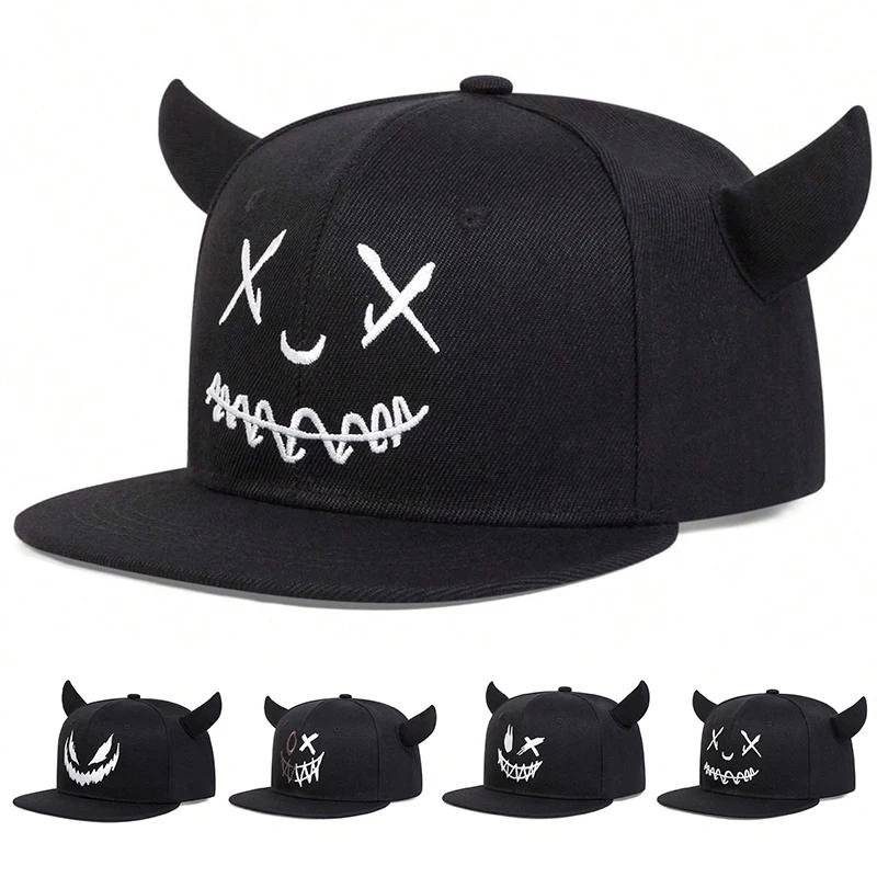 Women Smiling Face And Cow Horn Hip-Hop Hats Spring And Autumn Outdoor Use Adjustable Sportss Casual Baseball Caps Sunscreen Hat For Men And