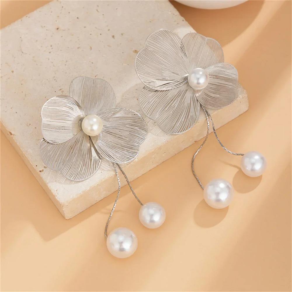 Imitation Pearl Flower Tassel Earrings, Romantic Petal Drop Style, Trendy Piercing Design, Luxury Wedding & Daily Jewelry Gifts