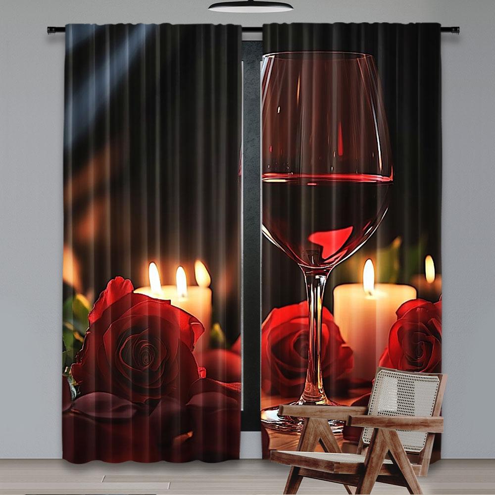 Set Of 2 Red Rose Wine Glass Candle Curtains Fashion Suitable Bedroom Living Room Dorm Curtain Polyester Ideal For Great