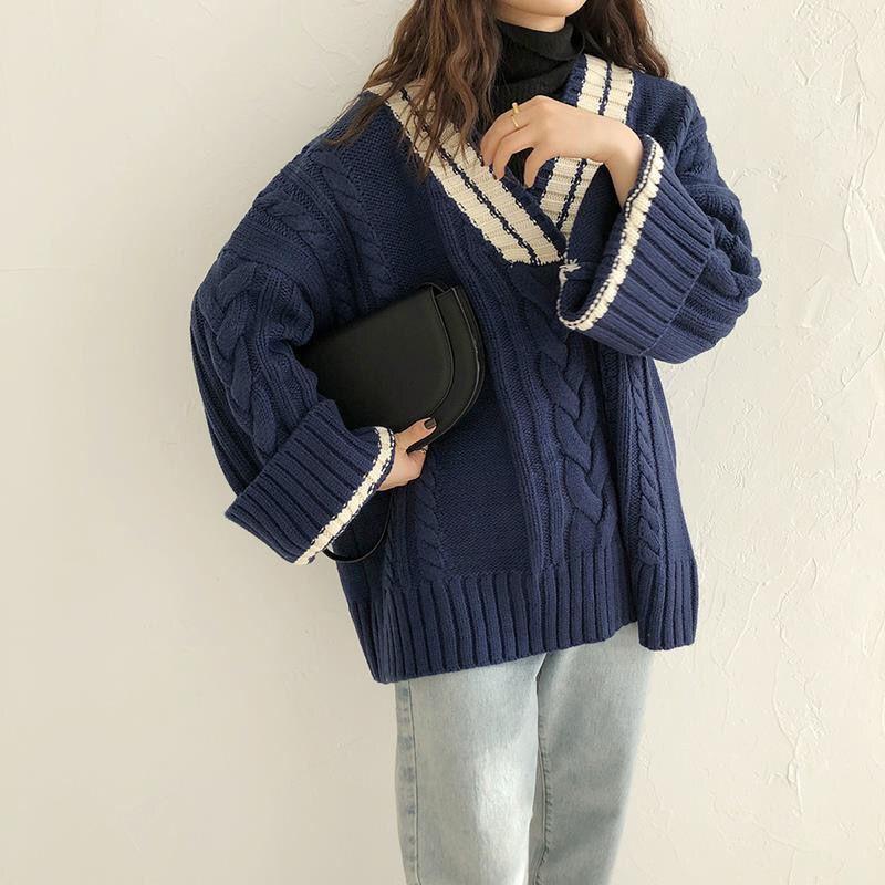 Womens Vintage Color Block V-neck Twist Knit Sweater Loose Fit Lazy Style Pullover Top Fall Winter