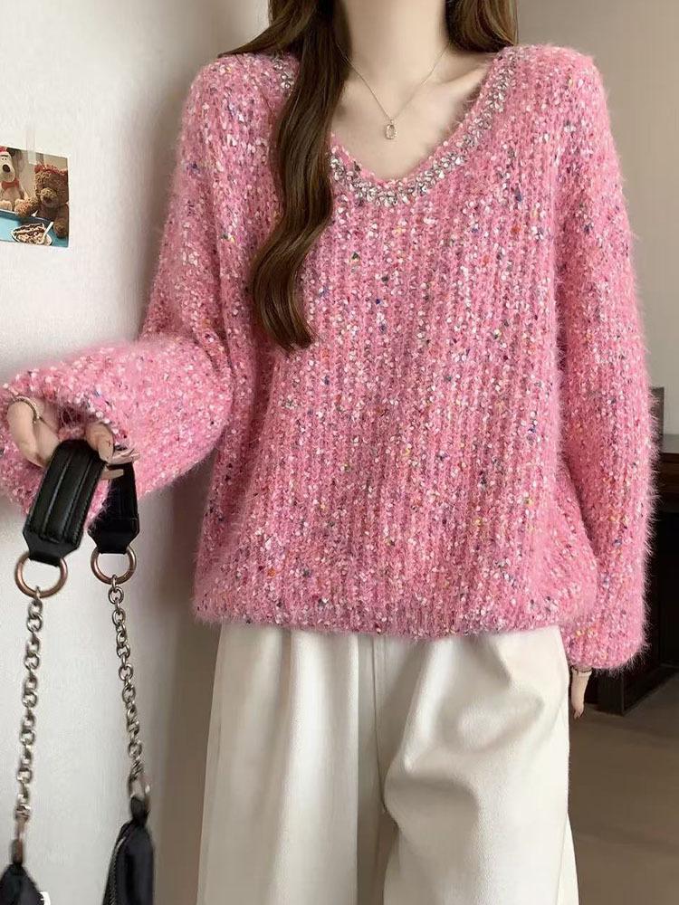 Korean Style Beaded Polka Dot Patchwork Wool Women's Autumn/Winter Fluffy Long-Sleeve Top
