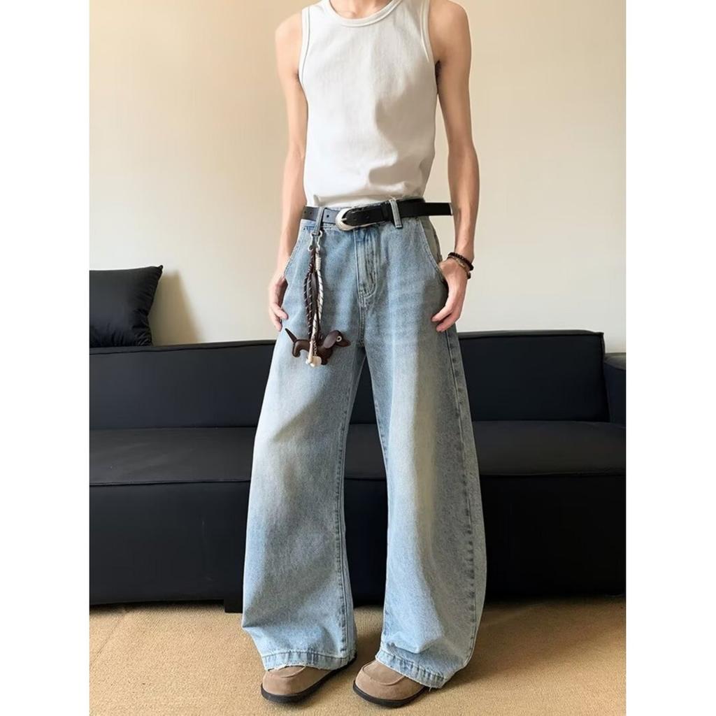 Men's Mid Rise Washed Cat Whisker Barrel Jeans Loose Wide Leg Denim Pants American Vintage High Street Y2K Casual Four Seasons Long Trousers