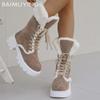 Platform Suede Women Mid Calf Snow Boots Fur Lace Up Mid Heels Cotton Shoes 2025 Trend Warm Short Plush Winter Botas De Mujer