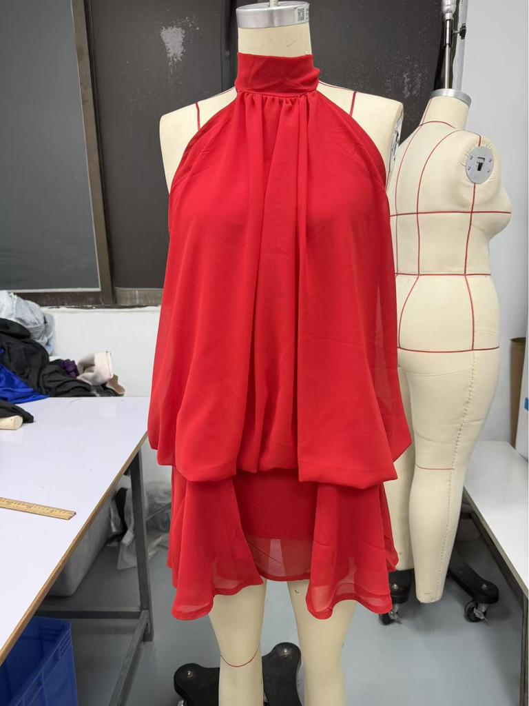 Europäisches & Amerikanisches Einfarbiges Schlankes Rückenfreies Neckholder-Kleid mit Flauschigem Rock - Damen Urlaubsbekleidung
