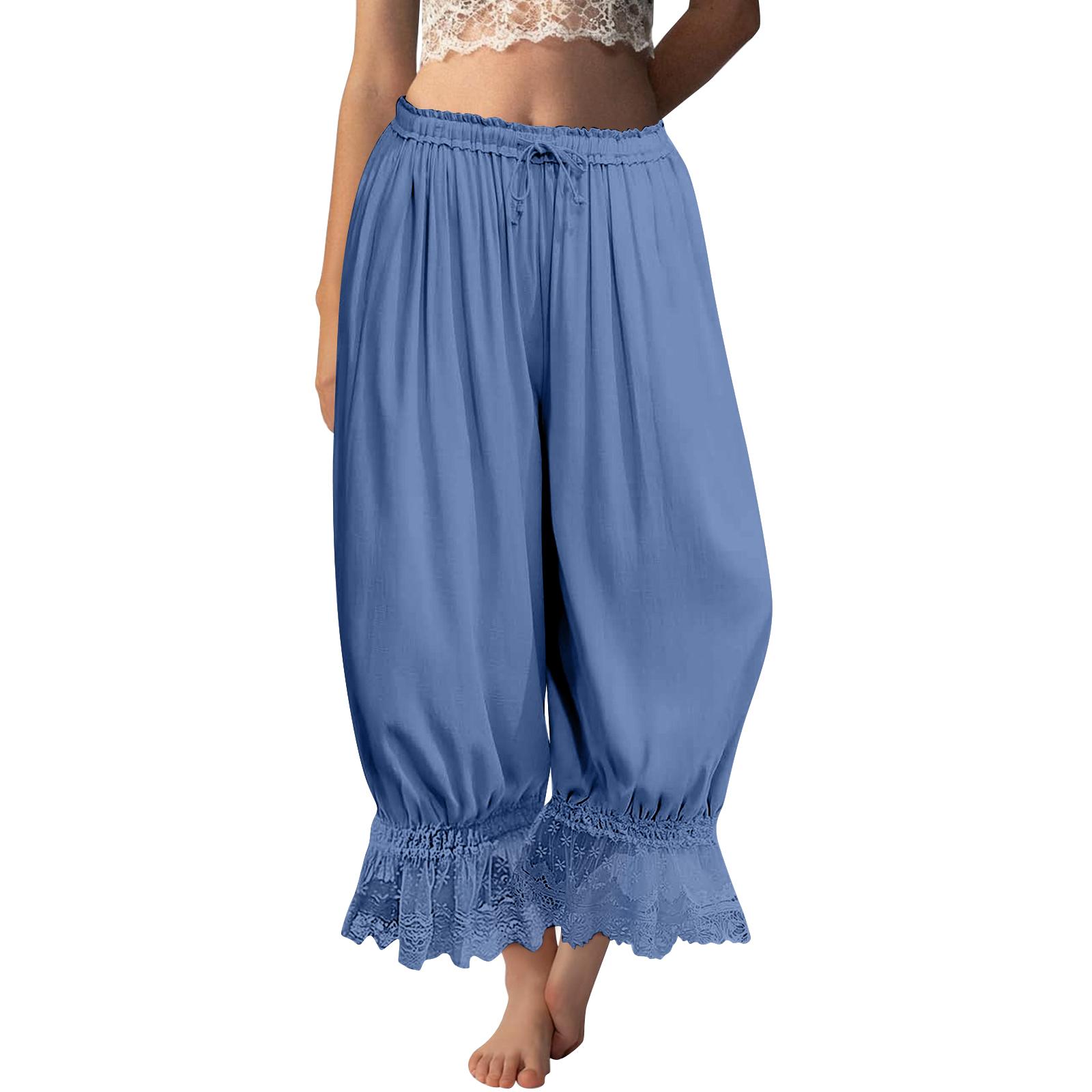 

Women s Lace,Trimmed Long,Length Ruffled Vintage Wide,Leg Pants Summer Beach Travel Vacation Pants M