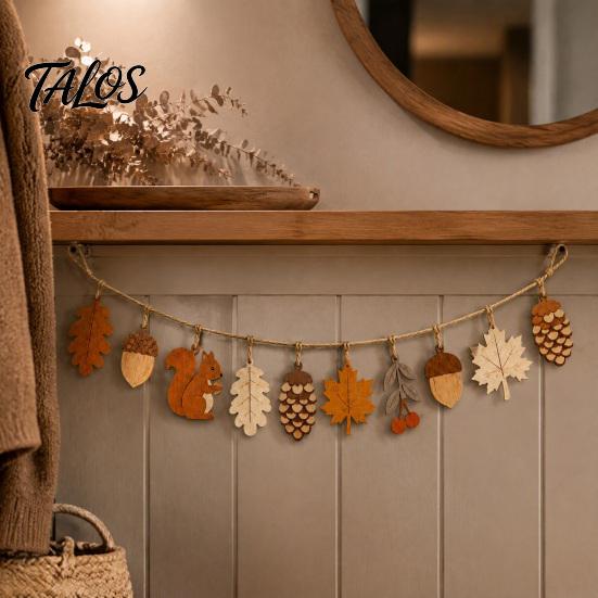 Boho Wohnkultur Herbst Holzgirlande Dekor, Rustikales Herbst Hängeornament mit Eichhörnchen Vintage Buchsbaum Anhänger Ahornblatt Tannenzapfen, Ernte
