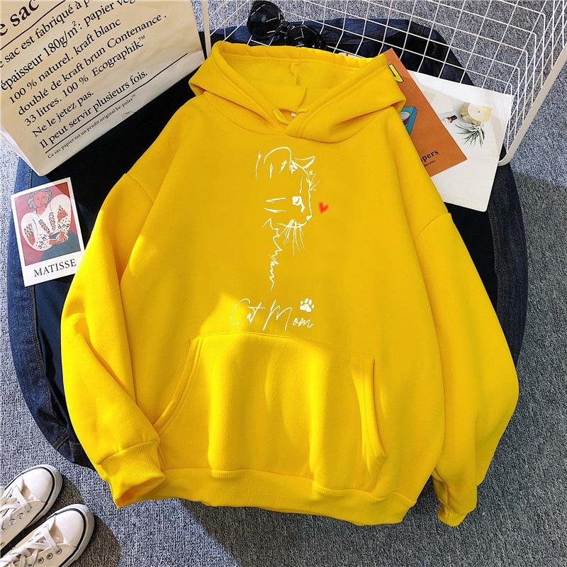 Dámské Roztomilý Potisk Kočičí Máma Módní Mikiny s Klokaní Kapsou Dámské Zimní Y2k Mikiny 90s Grafické Vintage Oblečení s Kapucí