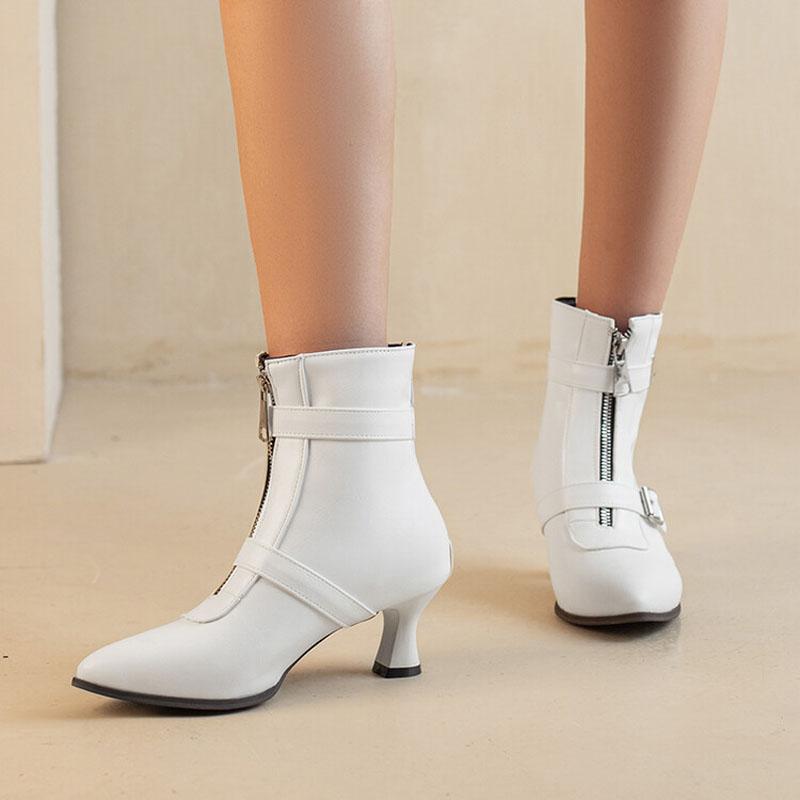 Chunky Heels Ankle Boots Women Pointed Toe Winter Shoes Women Belt Buckle Big Size Botas Custom Denim zapatos mujer WSH4726