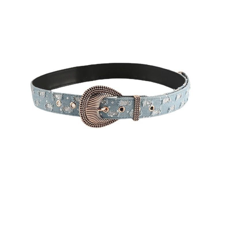 Retro Floral Embossed Denim Belt Unique Leather Belt Decoration Versatile Needle Buckle Belt Trendy Waistband