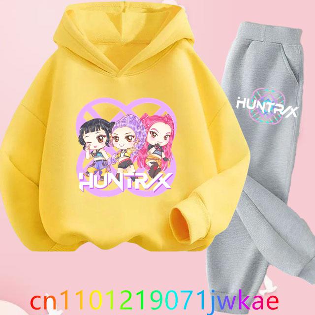 Teen KPop Demon Hunters Hoodies+Pants Sets Boys Girls Korean Anime Movie Hoody Fashion Long Sleeve Kids Hooded Sports Suits