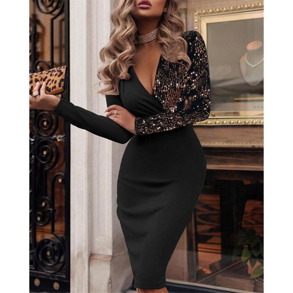 Women's V Neck Long Sleeve Maxi Dress Straight Fit High Waist Elegant Pencil Dress Sequin Print Bodycon Dress