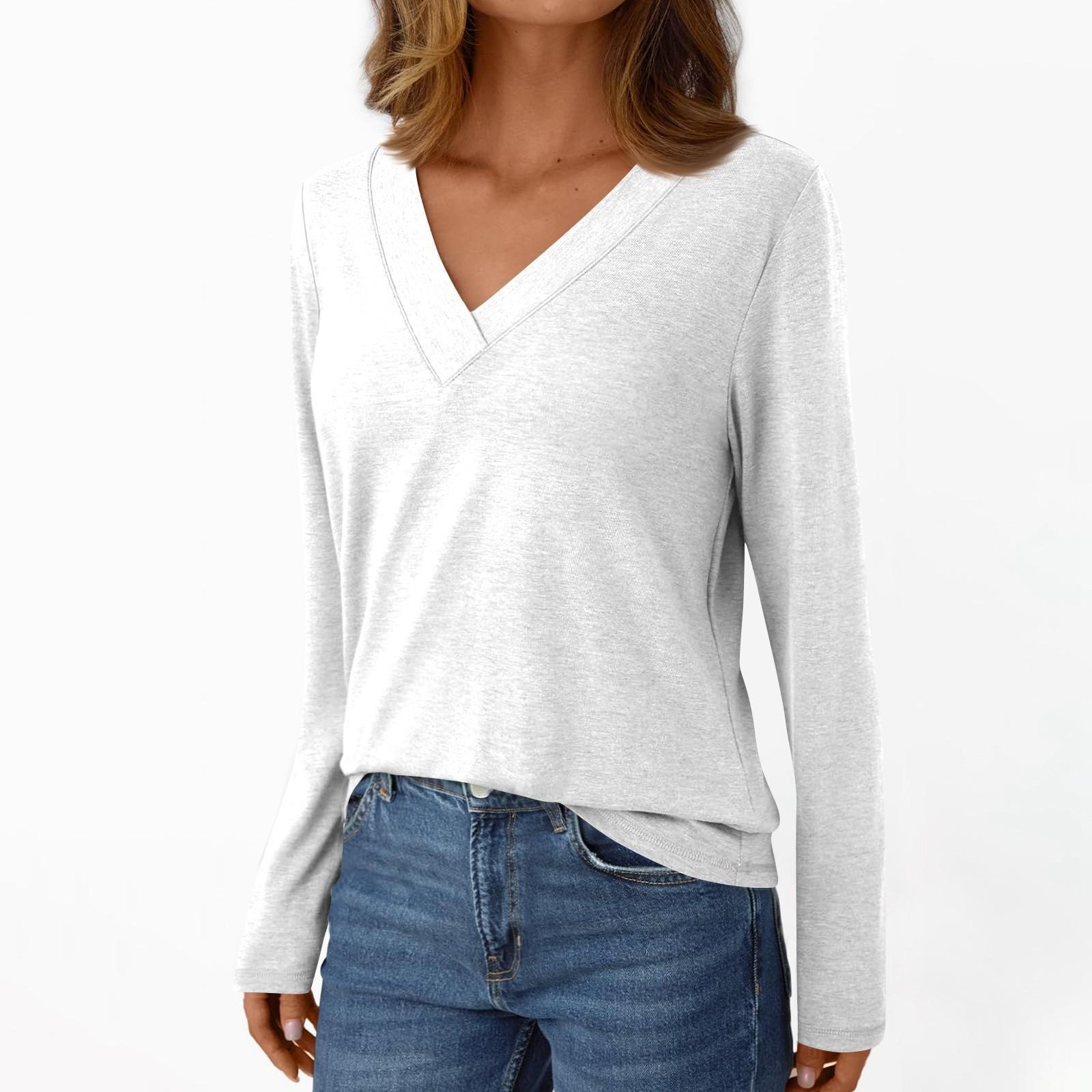 

Женская повседневная модная футболка с длинными рукавами и V-образным вырезом, однотонная, с начесом M белый