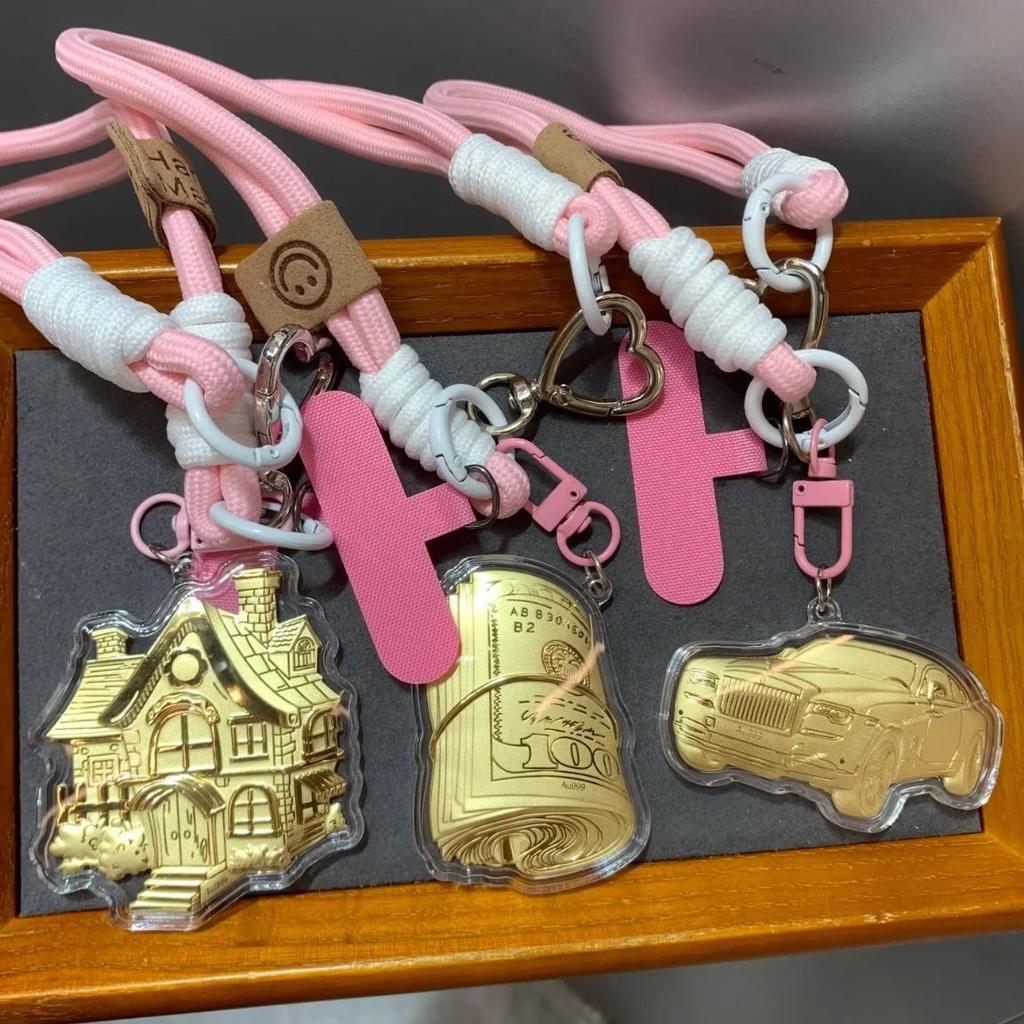 Gold 9999 Car & House Keychain Set - 20mg Pendant for Mobile & Bag, Ideal Souvenir Gift