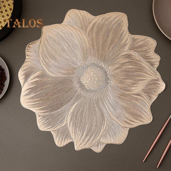 PVC Placemats for Dining Pressed Vinyl Metallic Flower Table Mats 15 Inch Round Tablemats Vinyl Place Mats for Kitchen Table Holiday Wedding