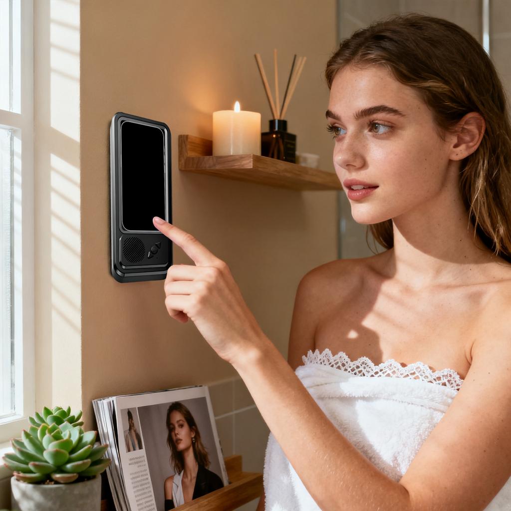 Handyhülle mit eingebautem Lautsprecher, 480 Grad drehbare Wandhalterung, Touchscreen Dusch-Handyhalterung, Saugfuß-Lautsprecher, Kabelloses Ladegerät