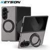 KEYSION 360° Rotating Magnetic Ring Stand PU Leather Case for MagSafe for Samsung Z Fold 7 5G Wireless Charging Phone Back Cover