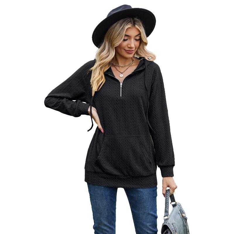 Autumn Winter Solid Color Hooded Zipper Loose Long Sleeved Sweatshirt for Women