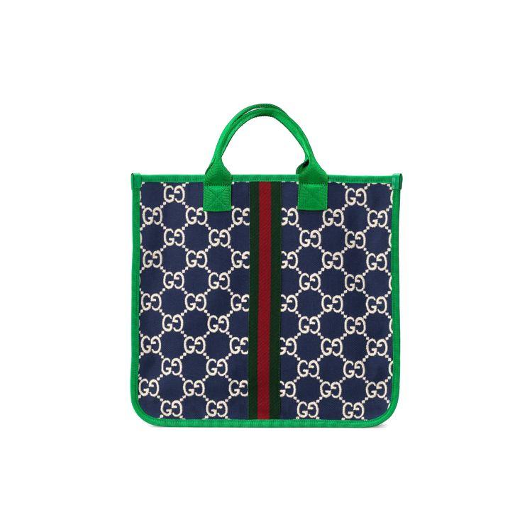 

Gucci Kids GG Canvas Navy Blue Tote Bag, Green Red Web Stripe Trim Green Leather Handles, Kids School Travel Children s Shopper Bag 605831-H0GA0-4974 Basic Set (Bag+Dust Bag)