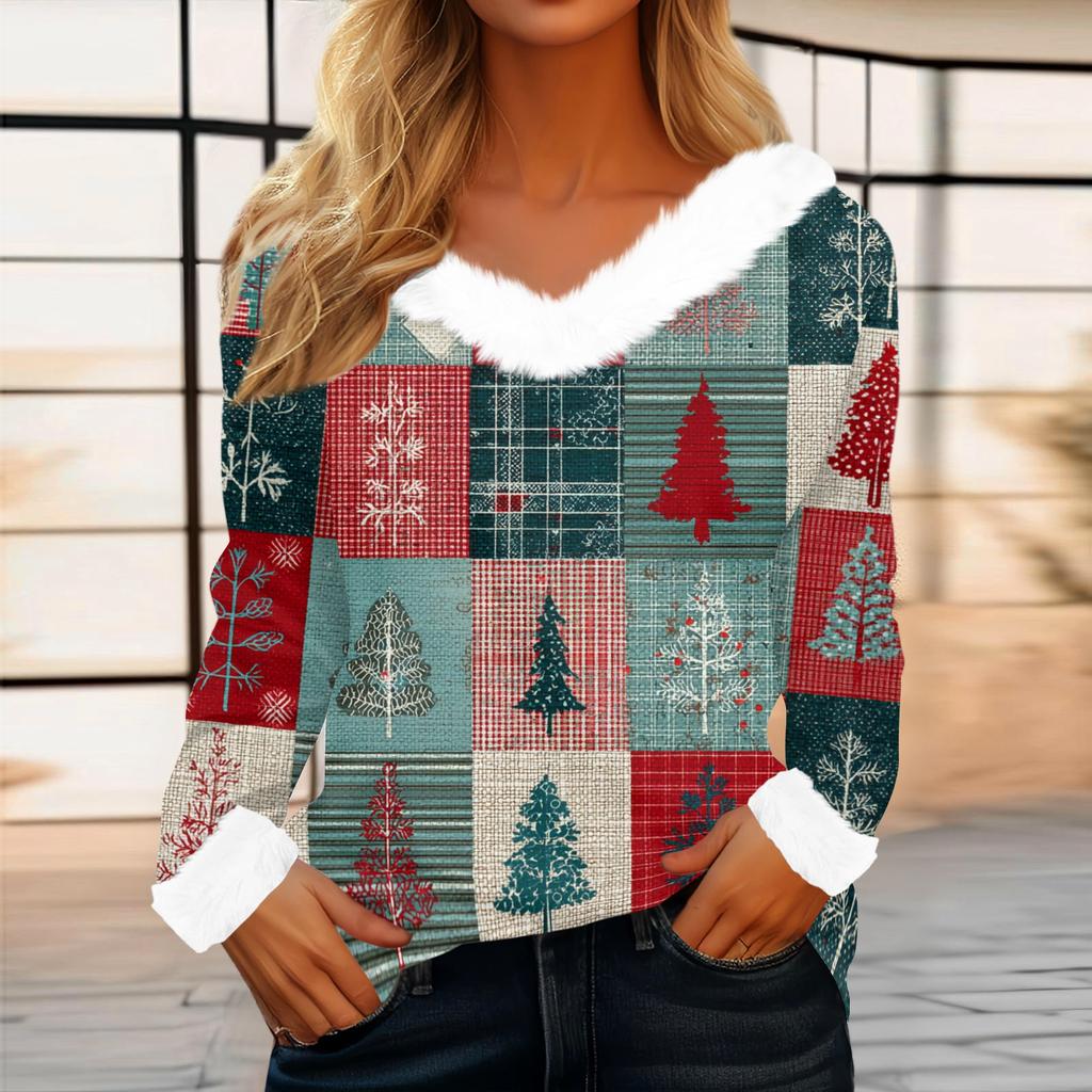 Women's Casual Fashion Long Sleeve Christmas Printed Flannel Collar Top