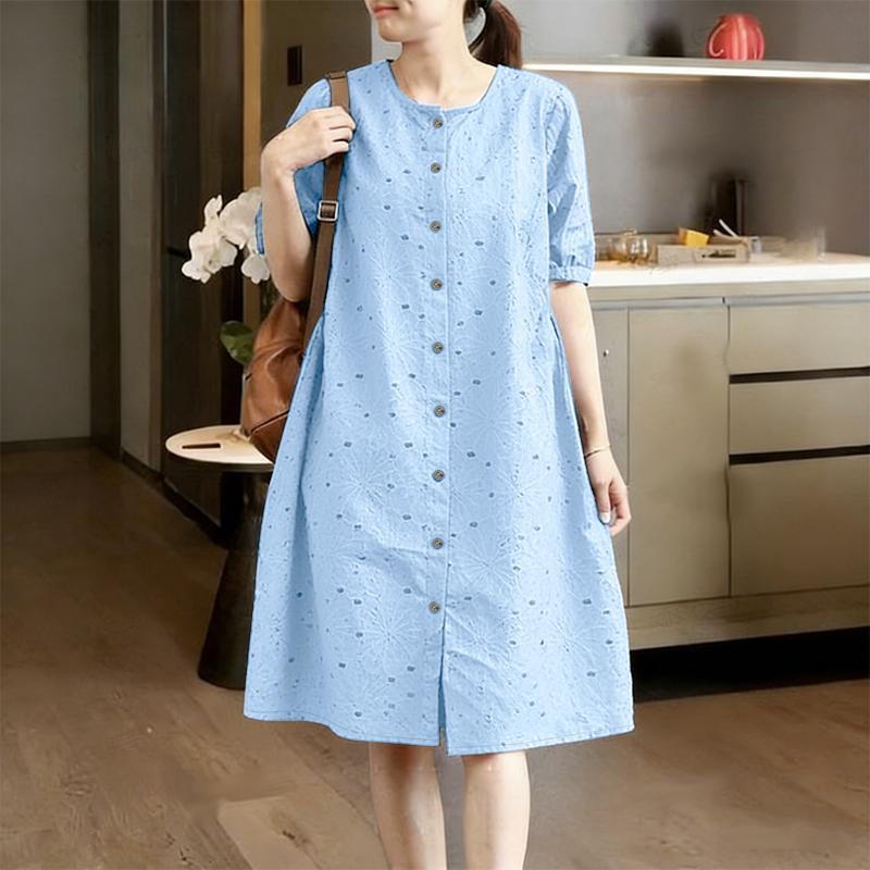 ZANZEA Women Elegant Embroidery Crochet Patchwork Loose Casual Half Sleeve Dress S синий