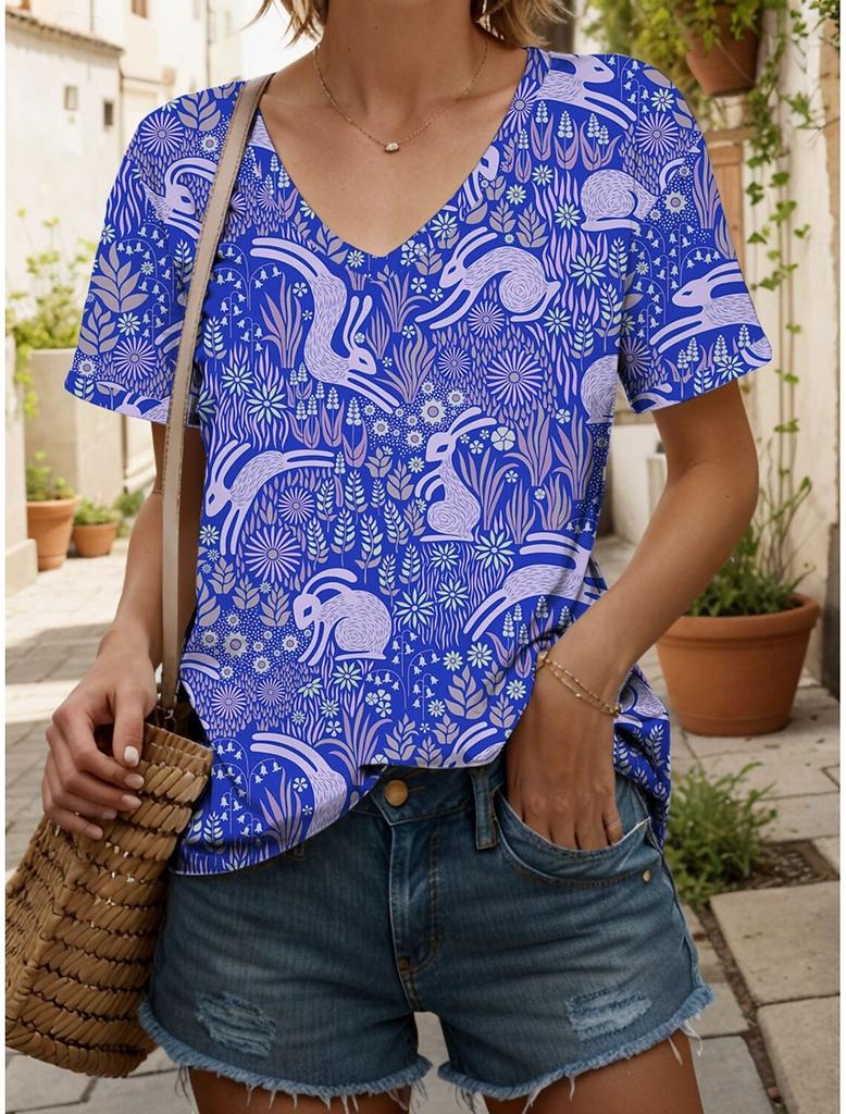 Damen T-Shirt Kawaii Tiergrafik Mode Kurzarm V-Ausschnitt Reguläre Oberteile Täglich bedrucktes T-Shirt Sommer Frühling lässige Oberteile