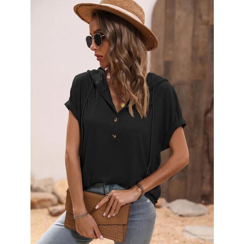 Summer Short Sleeved Hooded Women T-shirt New Loose Buttons Casual Simple T Shirt Female Plus Size Tops Women's Clothing 3267