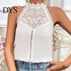 Sexy Back Button Vest Women Halter Neck Solid Color Lace Decoration Blouse Tops Hollow Stitching Casual Button-up Cami