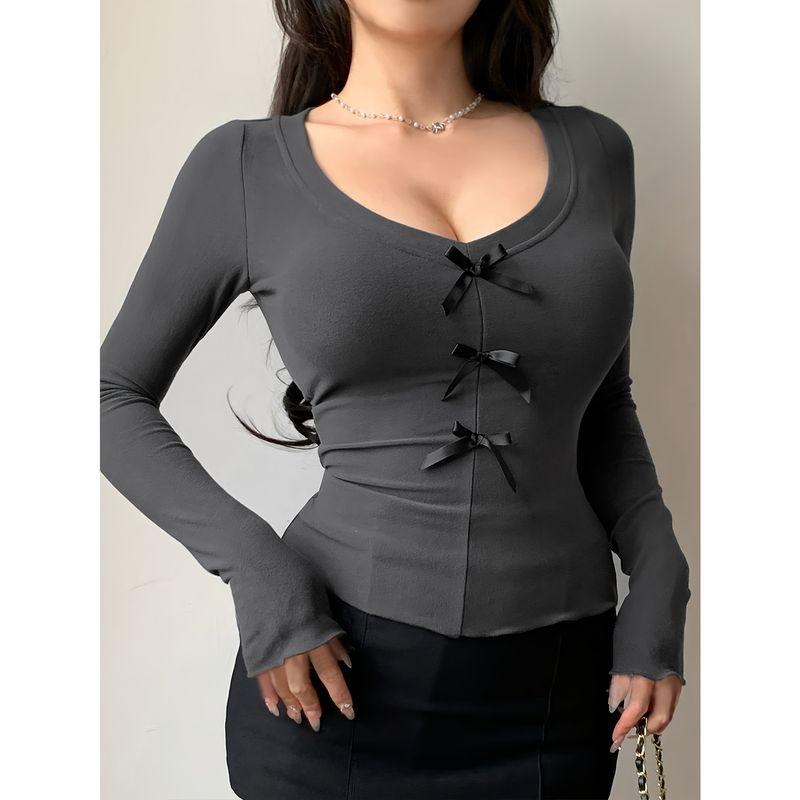 

Pure Desire Style Bows Long Sleeves T-Shirt Female Fall and Winter New Sexy Sexy Silm Slim Looking Inner Bottoming Shirt Tops Grey XS