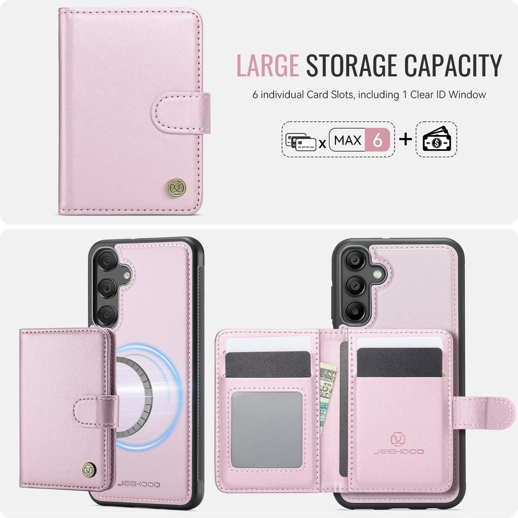 For Samsung Galaxy A25 5G (Global) (161mm) Case JEEHOOD J09 RFID Blocking Card Holder Leather Back Phone Cover Magnetic Case