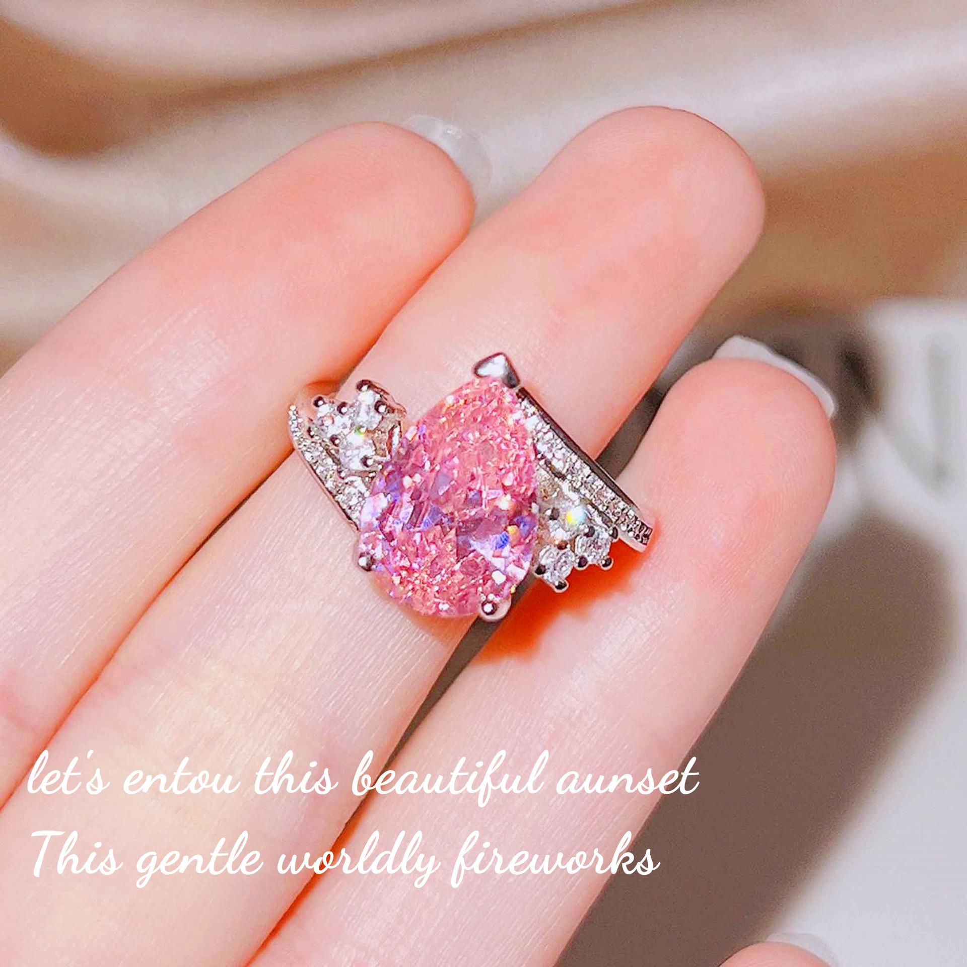 Light Luxury Argyle Pink Diamond Crown Ring, Aquamarine High Carbon Diamond Water Drop Pear-Shaped Colored Treasure Open Ring open adjustable band