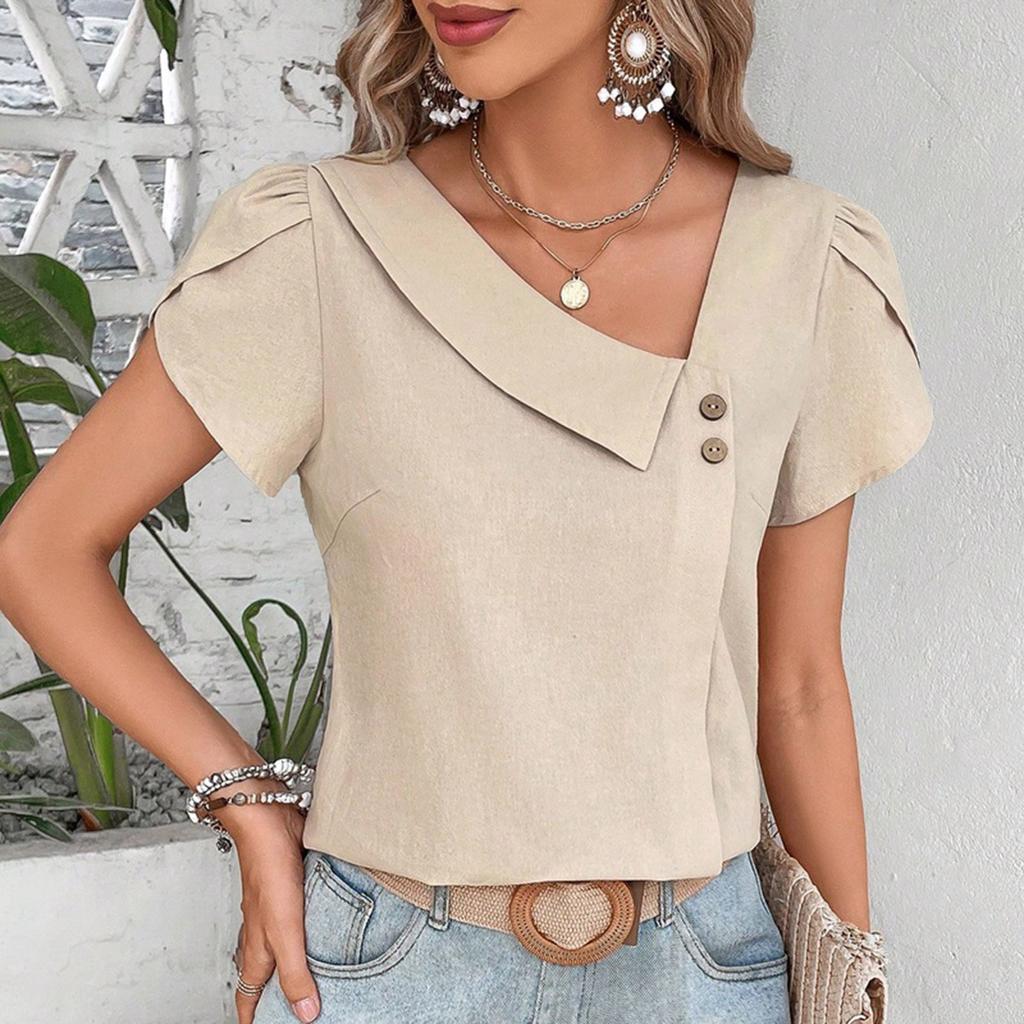 Women Spring Summer Cotton T Shirts Casual Asymmetrical Collar Short Sleeve Blusas Tops Solid Color Loose Fit Summer Tops 2025