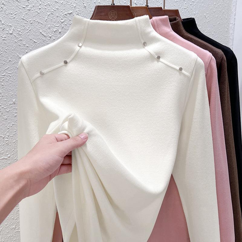 Middle Collar Double-sided German Velvet Bottoming Shirt Women's Integrated Velvet Piled Thickened Thermal Top, New In Spring, Autumn and Winter