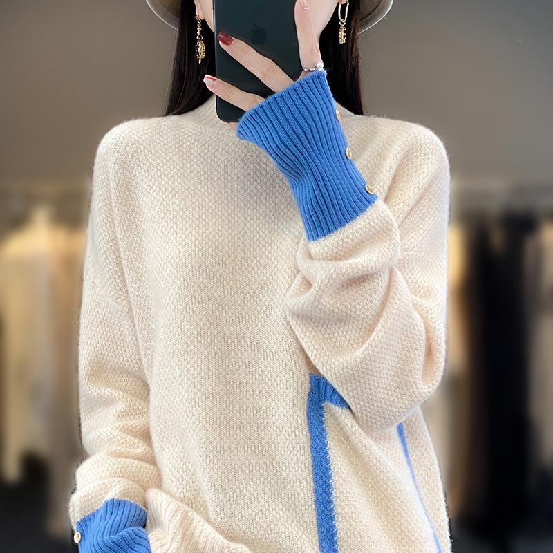 Versatile High-Neck Wool Sweater: Korean Style Cashmere Feel for Fashionable Women