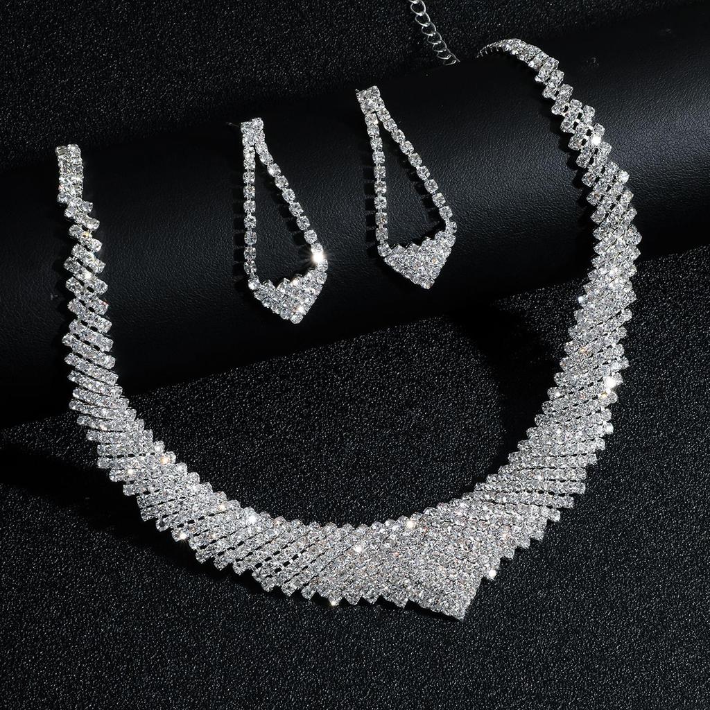 Minimalist Rhinestone Wedding Jewelry Set: European & American Style Necklace and Earrings for Brides