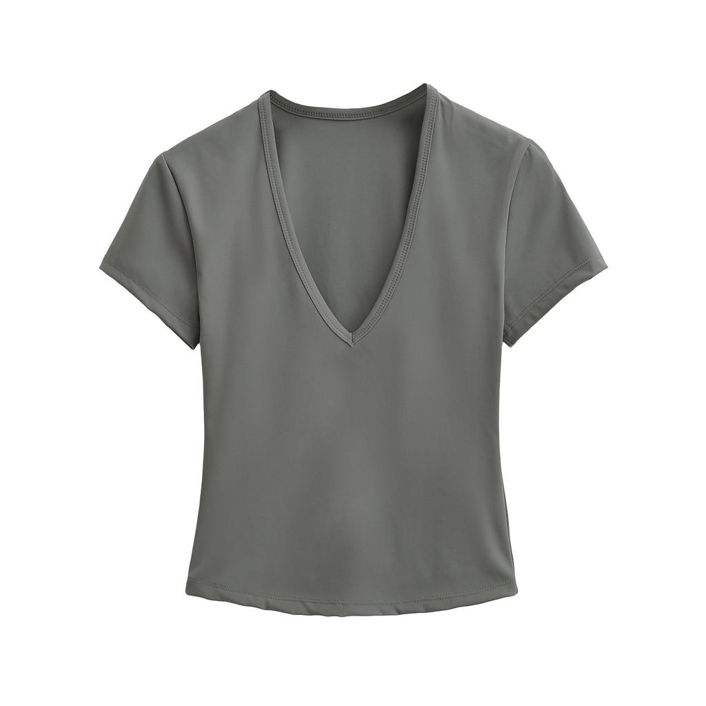 Deep V-neck Short-sleeved T-shirt Women's Summer New American Spice Girl Solid Color Slim-fitting and Thin Bottoming Shirt Sports Top