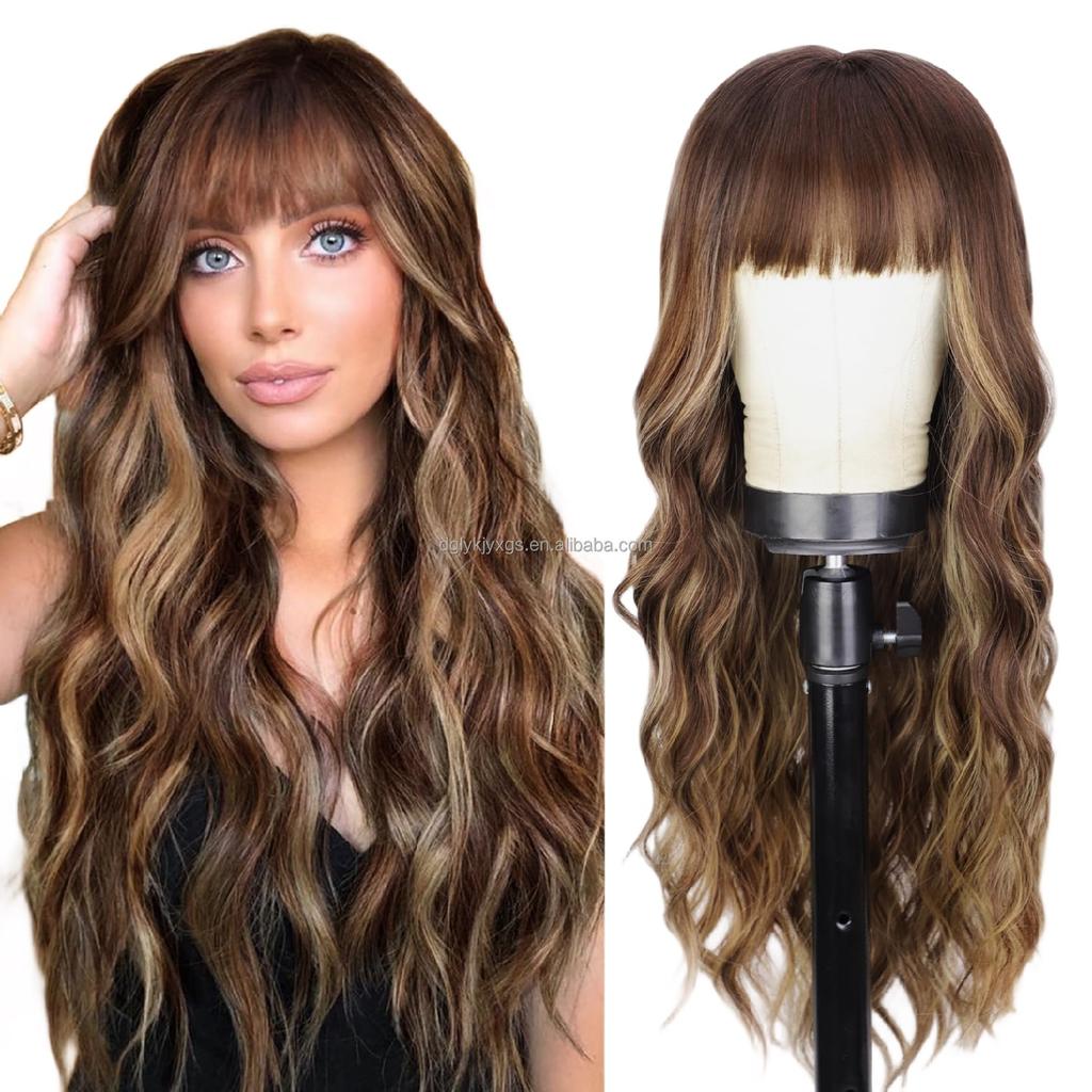 Hot Sales 26Inch Brown Mixed Blonde Wigs with Bangs for Women Wavy Curly Hair Heat Resistant Synthetic Fiber Wigs Women Hair
