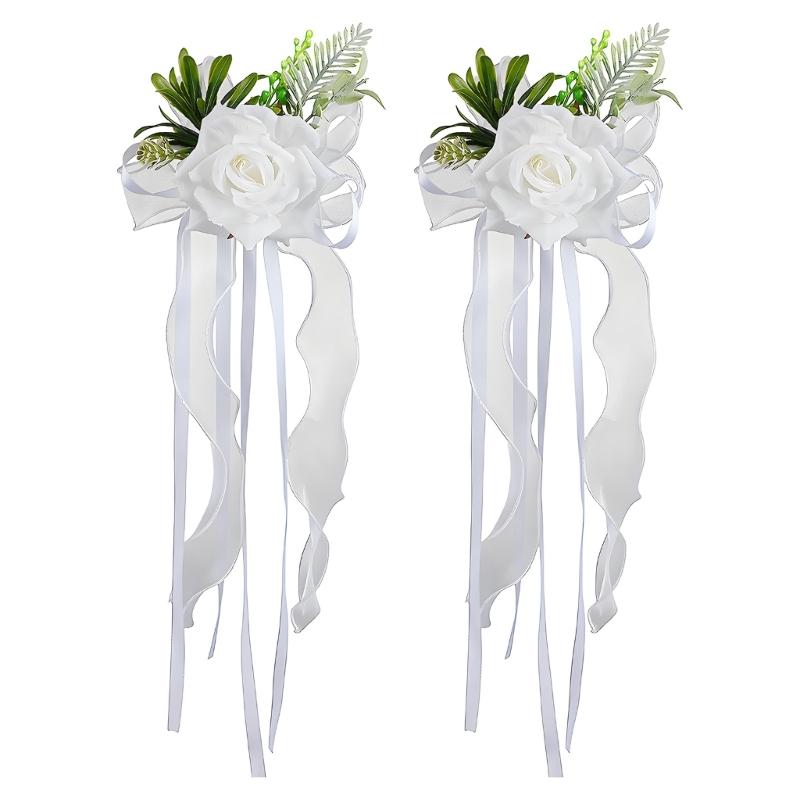 Ornement Floral pour Véhicule de Cérémonie avec Rubans de Roses Artificielles Longueurs pour Placement sur Miroir de Mariage et Accent de Voiture