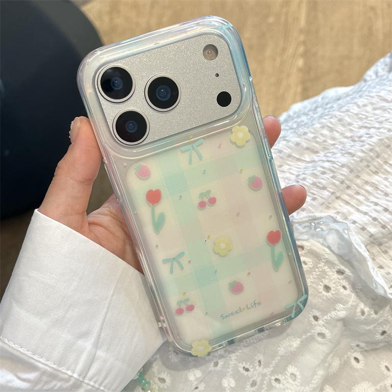 

Semi-Transparent Green & Pink Plaid with Tulip & Strawberry Design Phone Case for iPhone 14/15/16 Pro Max/17 14 Pro