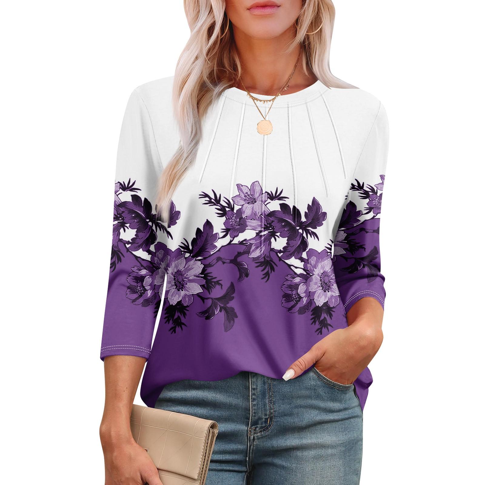 

Women s Fashionable Round Neck 3/4 Sleeve Printed Casual Basic Pleated Pullover T-shirt Top XL фіолетовий