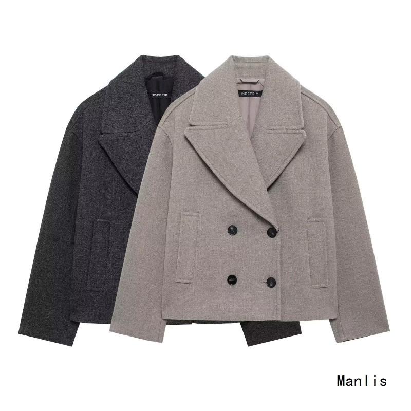 Womens Double-Breasted Wool-Blend Trench Coat With Notched Lapel Loose Fit Office Chic Outerwear In Khaki Black
