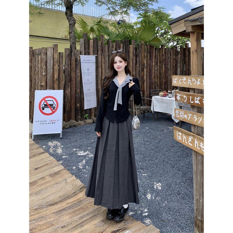 

C Sweet Orange Home Plus Size Women s Clothing Fake Two-Piece Embroidered Lapel Top and Pleated Long Skirt Set Two Piece Set 4XL